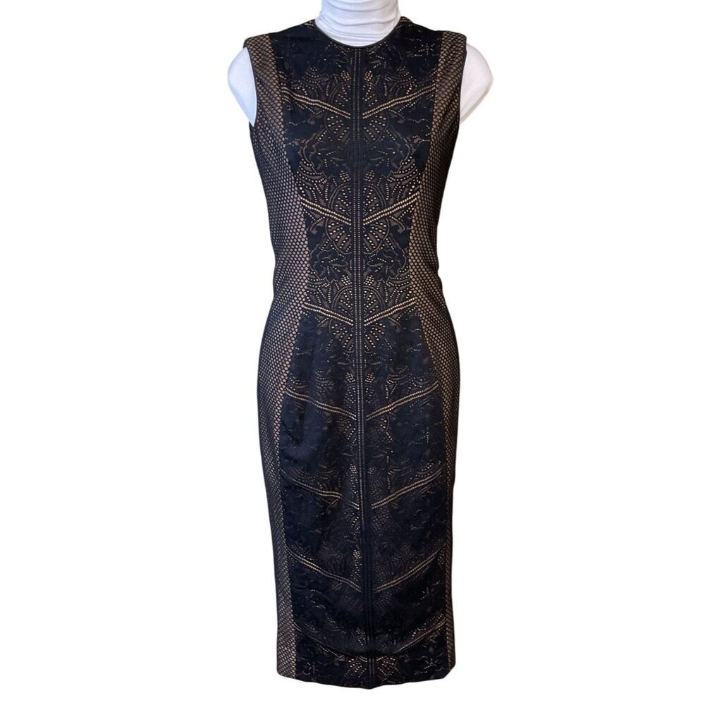 Dress The Population Black Nude Tori Lace Overlay Sleeveless Sheath Dress Sm